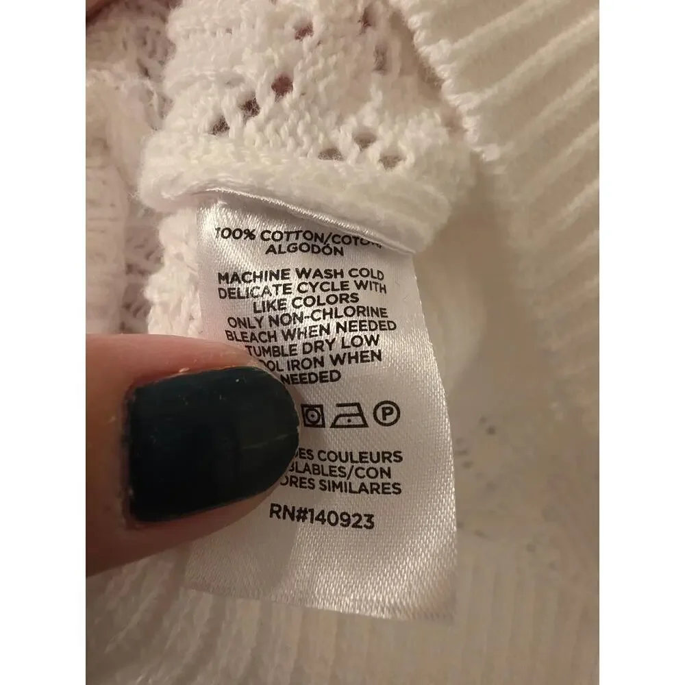 LOFT White Pointelle Knit Sweater Cotton Lightweight Cottagecore Medium